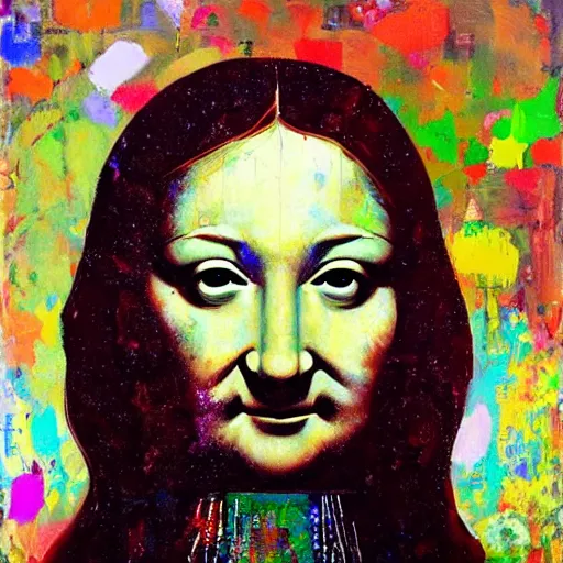 Image similar to monalisa in the style of david choe!!!!!!!!!!, oil on canvas, by david choe!!!!!!!!!!