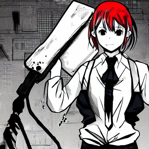 Prompt: a girl wearing a business and a red necktie, in the style of chainsaw man, black and white, anime art, hd