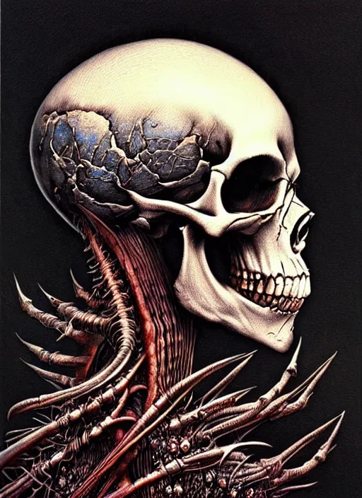 Prompt: a side view of skull with punk mohawk, highly detailed, art by Ayami Kojima, Beksinski, Giger