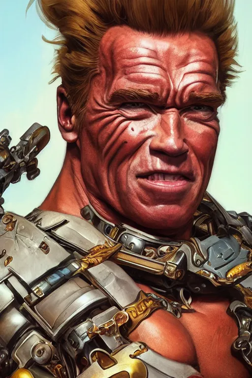 Prompt: portrait of arnold schwarzenegger as junkrat from overwatch, full body, fantasy, intricate, elegant, highly detailed, digital painting, artstation, concept art, sharp focus, illustration, art by artgerm and greg rutkowski and alphonse mucha