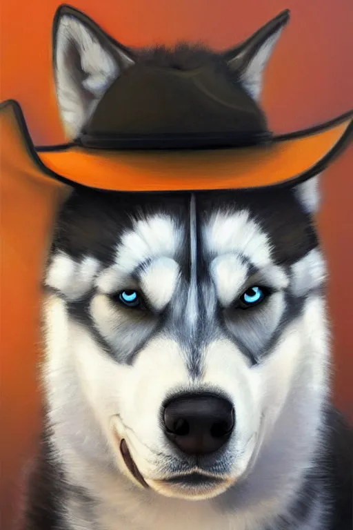 Image similar to a portrait painting of a husky in cowboy costume, wearing a cowboy hat, character design, trending on artstation