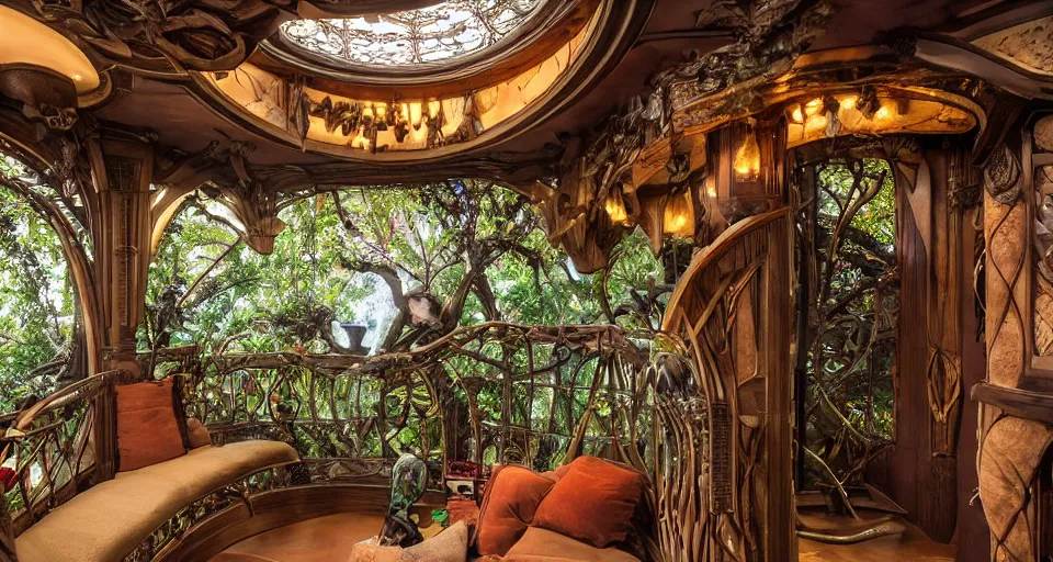 Image similar to An incredibly beautiful scene from a 2022 Marvel film featuring a cozy art nouveau reading nook balcony in a fantasy treehouse interior. 8K UHD.