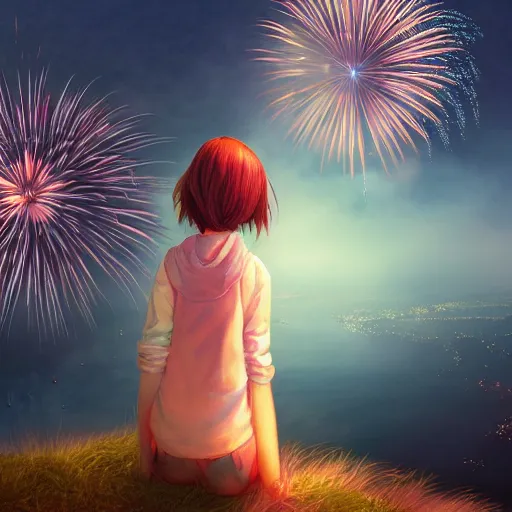 Prompt: girl watching watching fireworks on a hill, digital art, by ben weiner, richard estes, range murata, akiyuki shinbou, yoshitaka amano highly detailed, realistic, cinematic, bold colours, photorealism, 4 k, wide angle lens, trending on artstation