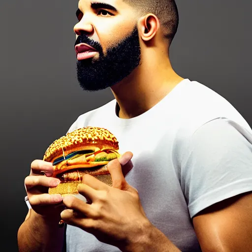 Image similar to rapper drake eating fast food photo taken by a fan, photorealistic, dynamic light, iphone 1 3, studio, ultra detailed