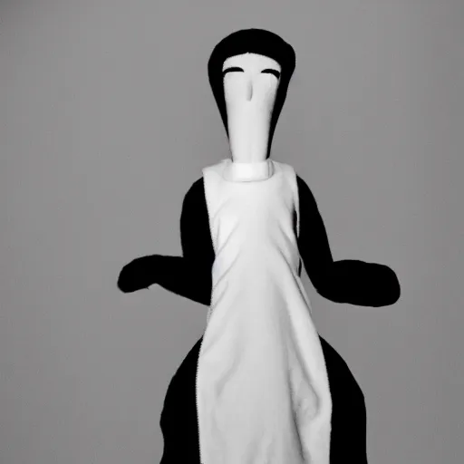 Image similar to a tall and lanky anthropomorphic humanoid figure made up of various baby dolls. the figure has its head slightly tilted to the side staring at the camera. black and white photo. surrealism.