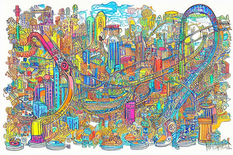 Image similar to an elaborate penned child illustration of a colorful intricate connected city of tubes and pipes, by martin handford and by jan van haasteren