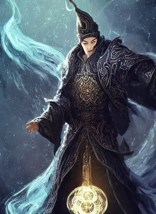 Image similar to a highly detailed illustration of short haired asian man as wizard wearing ornate black robe and mage hat, dramatic magic floating pose, intricate, elegant, highly detailed, centered, digital painting, artstation, concept art, smooth, sharp focus, league of legends concept art, WLOP