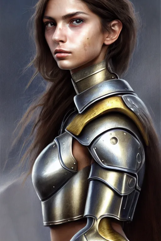 Prompt: a photorealistic painted portrait of an attractive young girl, partially clothed in dull metal-plated battle armor, olive skin, long dark hair, beautiful bone structure, symmetric facial features, perfect eyes, natural physique, intricate, elegant, digital painting, concept art, finely detailed, beautifully illustrated, sharp focus, minimal artifacts, photographic quality, from Metal Gear, by Ruan Jia and Mandy Jurgens and Artgerm and William-Adolphe Bouguerea, in the style of Greg Rutkowski, trending on Artstation, award winning