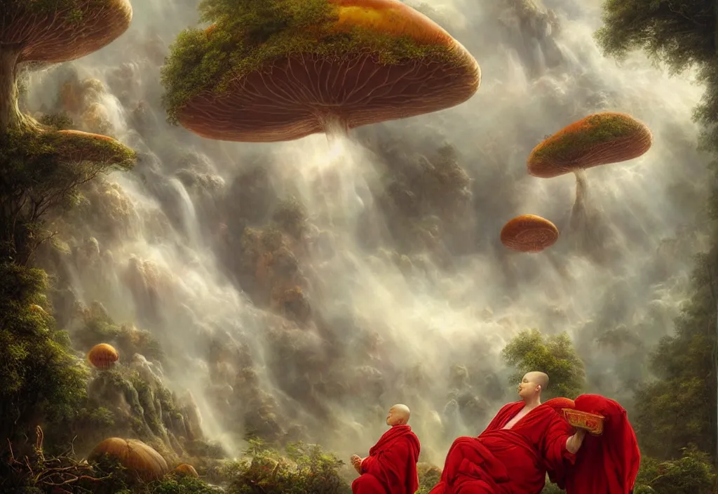 Prompt: floating lands in-clouds, foggy, volumetric fog, flying whales, sun beams, blooming, bird flocks!!, giant mushrooms, waterfalls, monks in red robes; by Tom Bagshaw, Ivan Shishkin, Hans Thoma, Asher Brown Durand