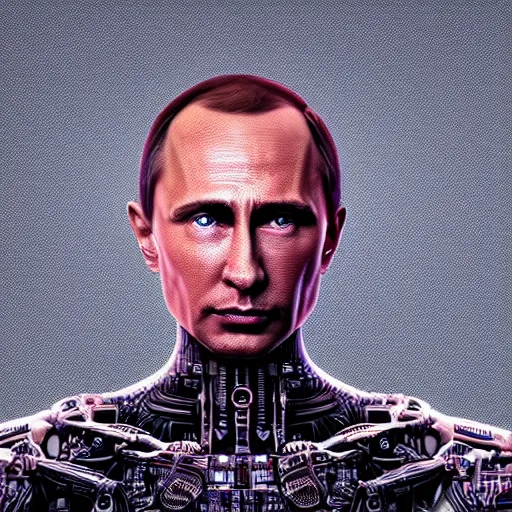 Image similar to hyperrealistic mixed media portrait of a Robot of Vladimir Putin forward angle, stunning 3d render inspired art by P. Craig Russell and Barry Windsor-Smith + perfect facial symmetry + dim volumetric lighting, 8k octane beautifully detailed render, post-processing, extremely hyperdetailed, intricate futuristic mechanic parts, epic composition, grim yet sparkling atmosphere, cinematic lighting + masterpiece, trending on artstation