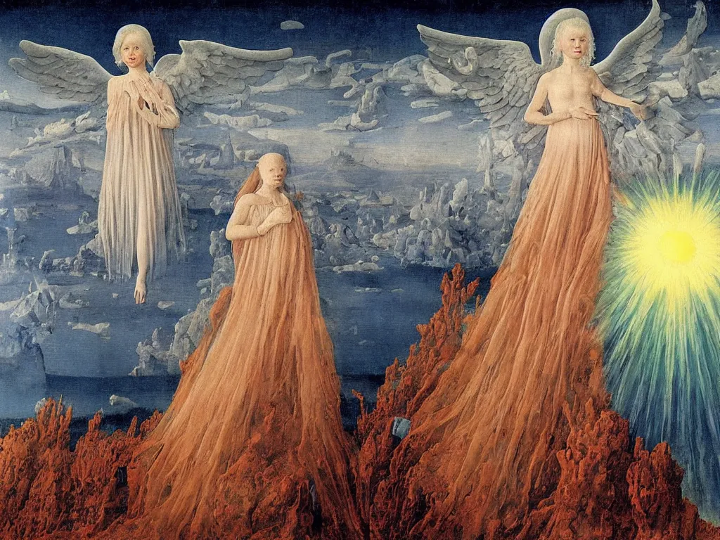 Prompt: Portrait of terrifying Blue star clad albino angel with nuclear explosion, dark, toxic smoke. Icy surreal mountains at night. Coral-like pebbles, autumn light. Painting by Jan van Eyck, Fra Filippo Lippi, Rene Magritte, Agnes Pelton, Max Ernst, Beksinski