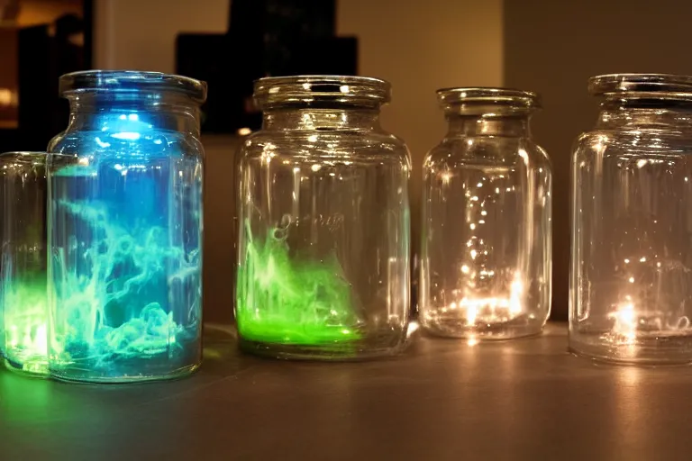 Prompt: chemiluminescence clouds in a jar