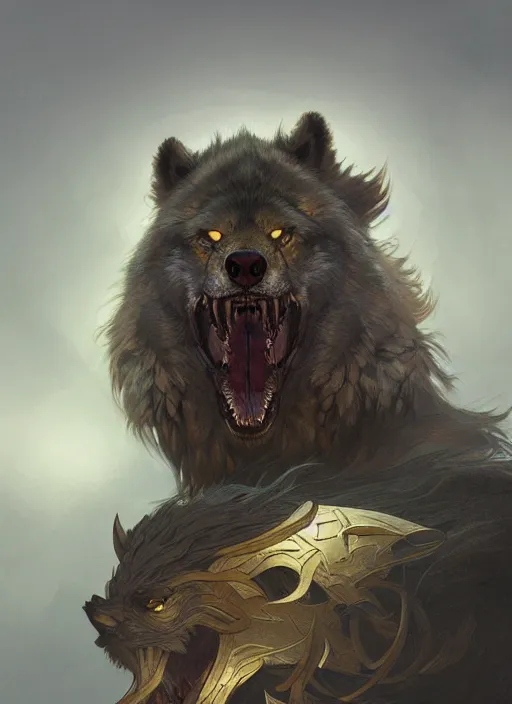 Prompt: anthropomorphic dire wolf berserker, intricate, elegant, highly detailed animal monster, digital painting, artstation, concept art, smooth, sharp focus, illustration, art by artgerm and greg rutkowski and alphonse mucha, 8 k