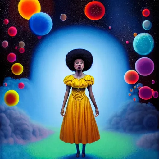 Prompt: AN 8K RESOLUTION MATTE PAINTING OF A BLACK girl with afro puffs IN A FIELD OF GLOWING BUBBLES, bY CHRIS LEIB AND Alan Bean and Agostino Arrivabene in a surreal PORTRAIT style. Vibrant, VIVID COLORS, HIGHLY DETAILED, SYMETRICAL FACE, retro scifi, ASTROPHOTOGRAPHY