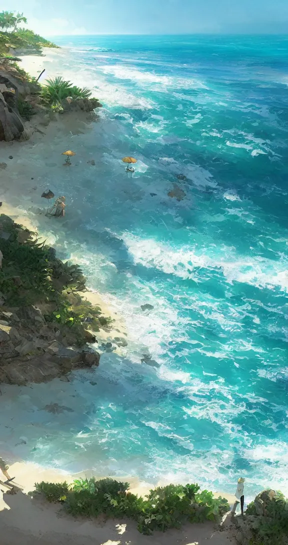 Prompt: A beautiful beachfront, lots of ocean, uncluttered, tropical, bright, simple, by Studio Ghibli and Greg Rutkowski, artstation