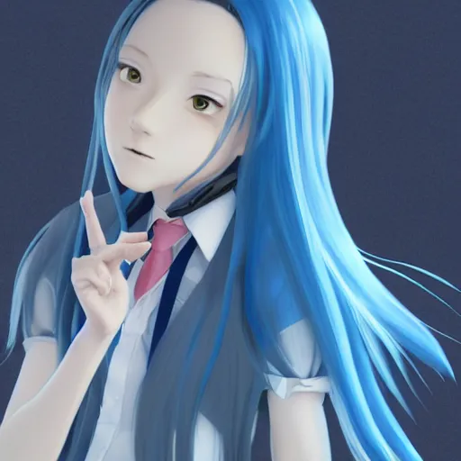 Prompt: a girl with long blue hair wearing a school uniform, computer graphics by Miyazaki, featured on pixiv, holography, official art, full body, 3d