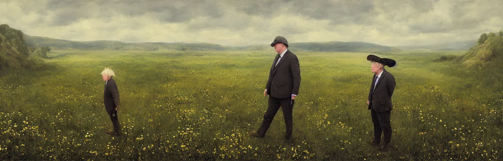 Image similar to A meadow with Boris Johnson standing in the middle of a stream, wide landscape, illustration, detailed, smooth, soft, warm, by Adolf Lachman, Shaun Tan, Surrealism