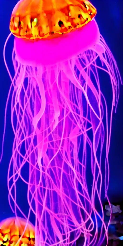 Prompt: a deep sea translucent bioluminescent jellyfish, purple and orange, hyperrealistic, extremely detailed, award winning underwater photograph