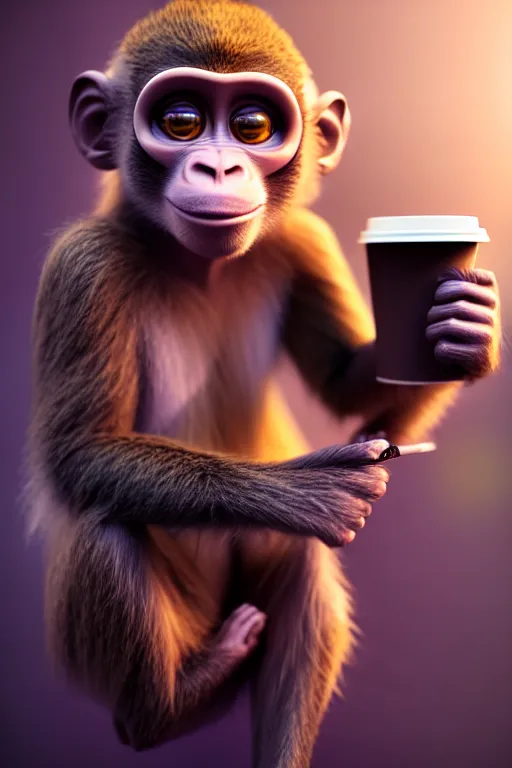 Image similar to high quality 3 d render very cute monkey! with large cup of coffee!, cyberpunk highly detailed, unreal engine cinematic smooth, in the style of blade runner & detective pikachu, hannah yata charlie immer, moody light, low angle, uhd 8 k, sharp focus