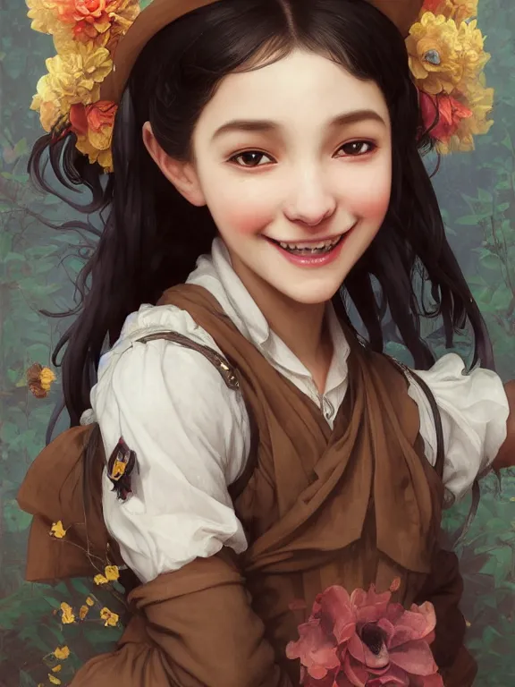 Image similar to Full shot of a cute mischievous young witch about to get up to some trouble. Latin American fashion. Floral patterns. Black and Orange palette. Latina girl. brown skin. defined facial features, symmetrical facial features. Smiling. By Ruan Jia and Artgerm and Range Murata and WLOP and Ross Tran and William-Adolphe Bouguereau. Key Art. Fantasy Illustration. award winning, Artstation, intricate details, realistic, Hyperdetailed, 8k resolution.