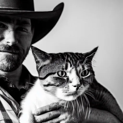 Image similar to close - up photograph of a cowboy holding a cat, black and white, detailed, 8 k, grain, dramatic backlighting