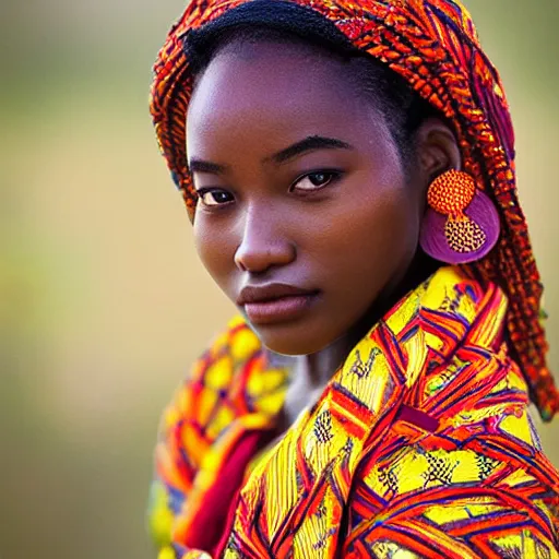 Prompt: “ portrait of a beautiful young african - asian female shrine maiden. golden hour in the savannah. zeiss 1 5 0 mm f 2. 8 hasselblad, award - winning photo. ”