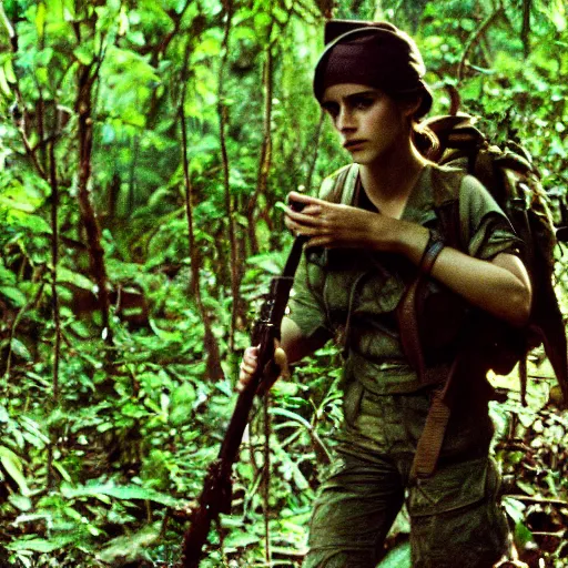 Image similar to film still, portrait, emma watson soldier hiking through dense vietnam jungle, award winning, award winning, award winning, film still from apocalypse now ( 1 9 7 9 ), 2 6 mm, kodak ektachrome, blue tint ektachrome film,