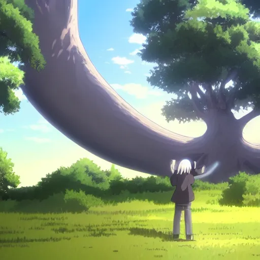 Image similar to big white whale flying near giant tree in the green field, anime, HD,