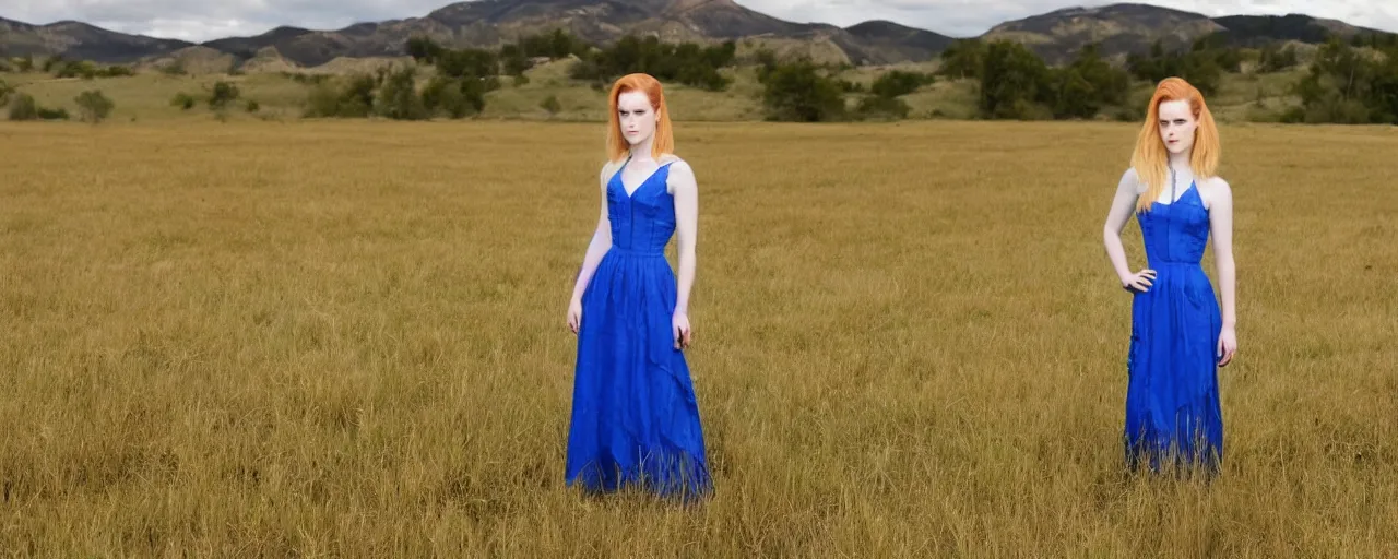 Image similar to evan rachel wood with blonde hair and a maiden blue dress in a field, old west