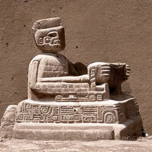 Image similar to a photograph of an ancient ruin monument depicting a man playing a synthesizer, maya, inka, aztec