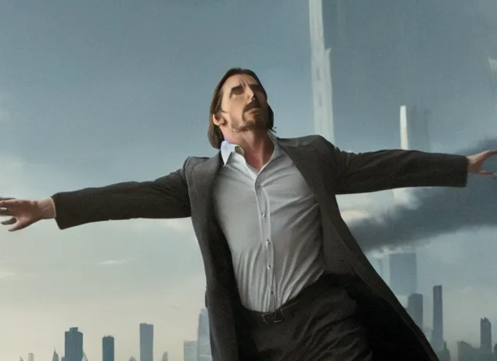 Image similar to film still of Christian Bale as Cobb with the world bending in the background in Inception, 4k