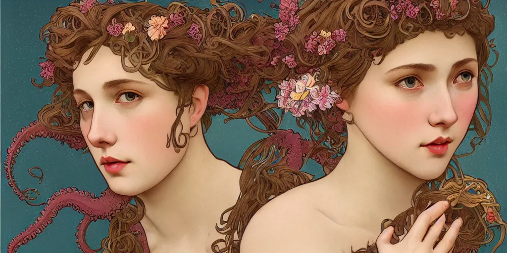 Image similar to a portrait of a very seductive young woman, hair full of gigantic flowers and octopus tentacles, photoillustration, realistic, closeup, facing the camera, dark, dramatic lighting, in the style of WLOP and Alphonse Mucha and Caravaggio