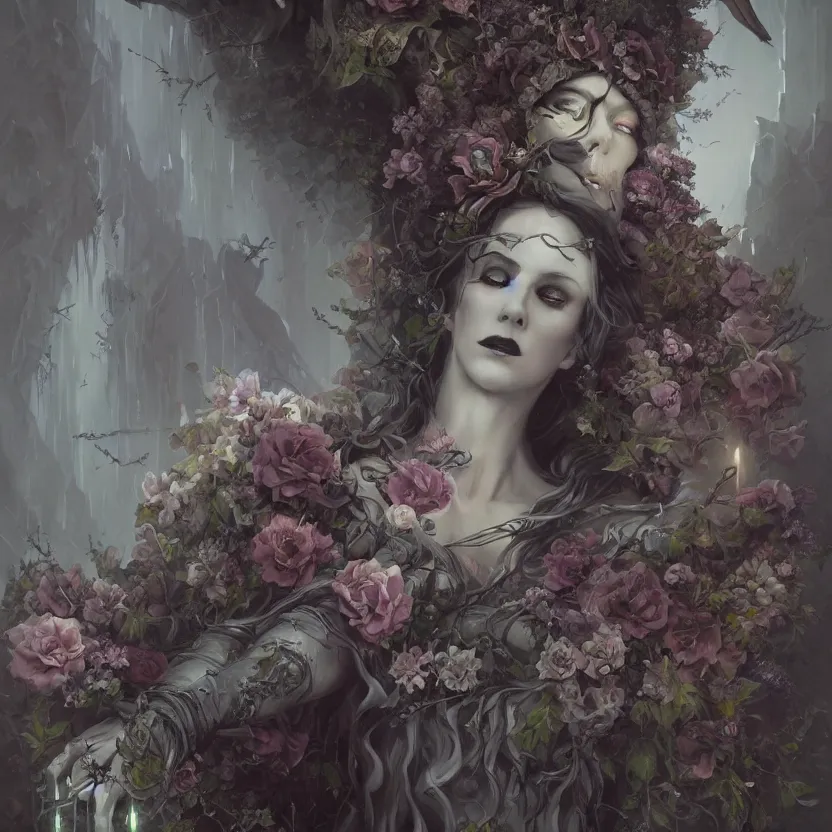 Prompt: portrait of a Gothic goddess of floral rivars, mystical, dark and mysterious, atmospheric, ominous, eerie, cinematic, Epic, 8k, 4k, ultra detail, ultra realistic, rendered by Peter Mohrbacher, Artstation, fantasy art