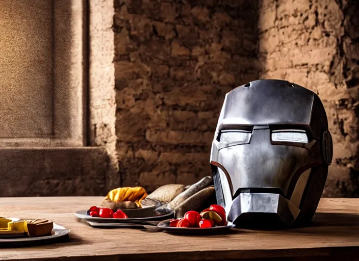 Prompt: a reflective steel engineering mask of ironman on table, medieval themed castle in golden afternoon light, professional food photography