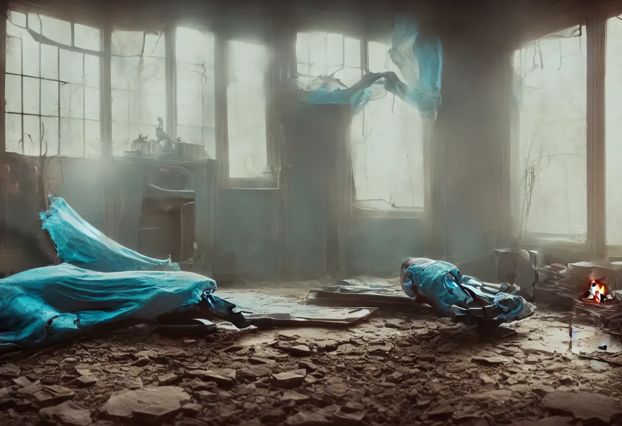 Image similar to intimate photograph of one single lone solitary cerulean and brown decaying futuristic robot lying on a frayed fainting couch in front of a beautiful fireplace with a cozy fire, in a dusty Victorian home, soft morning light seeping in a window, with cinematic lighting and lens flare, tall ceiling, octane render, cgsociety, by Simon Stalenhag and Rouhollah Toghyani and Sylvian Boussiron and Alfonso Cuaron, highly detailed closeup portrait, award-winning highly detailed 8k anamorphic closeup tight cinematic movie photograph