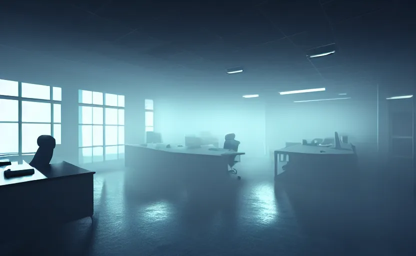 Image similar to office, horror scene, fluorescent lighting, eerie volumetric lighting, futuristic atmosphere, intricate, detailed, photorealistic imagery, artstation