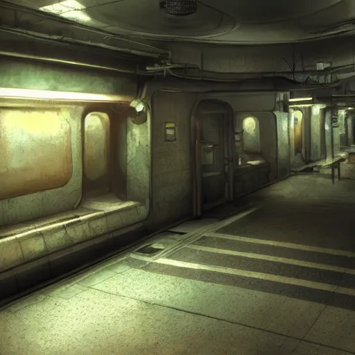 Image similar to fallout concept art subway interior render grim realistic lighting unreal engine 5