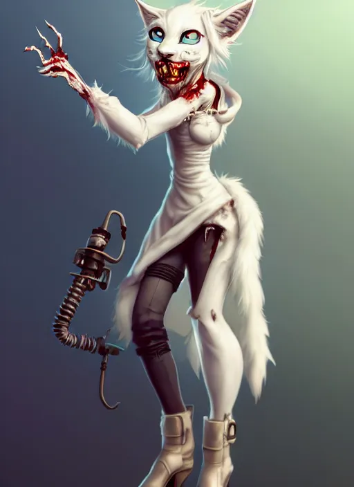 Image similar to wide angle beautiful full body portrait of a strong female damaged zombie anthropomorphic anthro white lynx fursona wearing a steampunk dress toothsome open mouth. character design by disney, anime, manga, charlie bowater, ross tran, artgerm, and makoto shinkai, detailed, soft lighting, rendered in octane