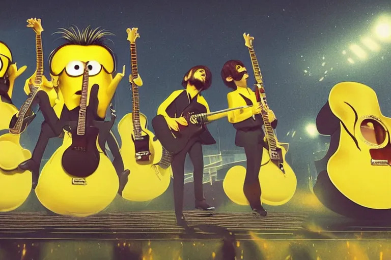 Image similar to the beatles performing with guitars, a giant yellow minion at background, sci fi, art by mike winkelmann, trending on cgsociety, retrofuturism, darksynth, sci - fi