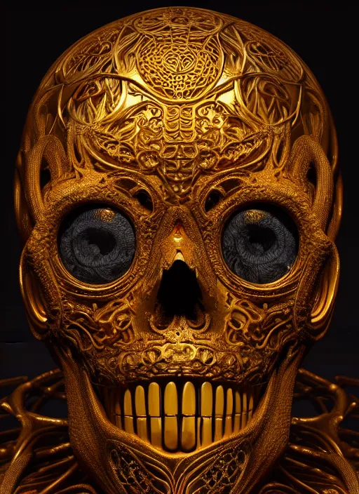 Image similar to a highly detailed photographic render of chthonic intricately carved golden sugar skull, intricate golden ornament, gilding, horror, dark fantasy, beautifully lit, ray traced, octane 3D render in the style of Gerald Brom and James Gurney Ayami Kojima, Beksinski, Giger