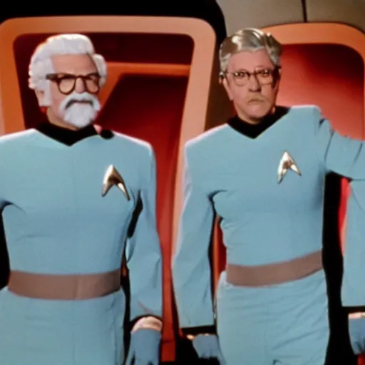 Prompt: A still of Colonel Sanders as a Captain on Star Trek The Original Series