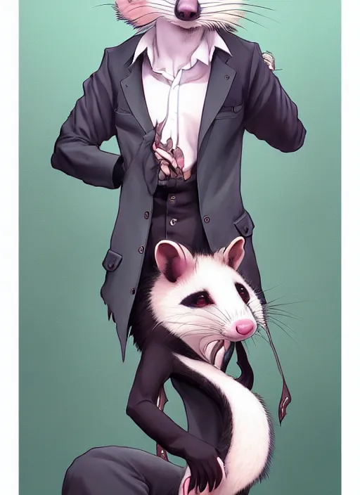 Image similar to character portrait of a male anthro opossum fursona with a tail and a cute beautiful attractive detailed furry face wearing a dress shirt and slacks outside a city tattoo parlor. Character design by charlie bowater, ross tran, artgerm, and makoto shinkai, detailed, inked, western comic book art