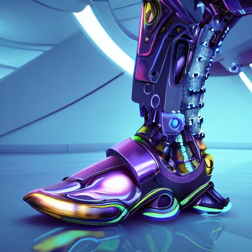 Image similar to futuristic cyber balenciaga sneakers, robot anatomy, highly detailed, 8 k, pbr, surreal, colorful, direct lighting, hyper realistic,