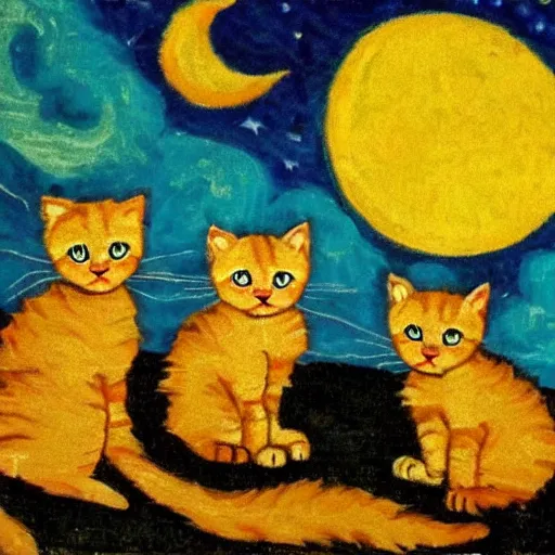 Prompt: kittens van goh style staring at moon in van goh a starry night