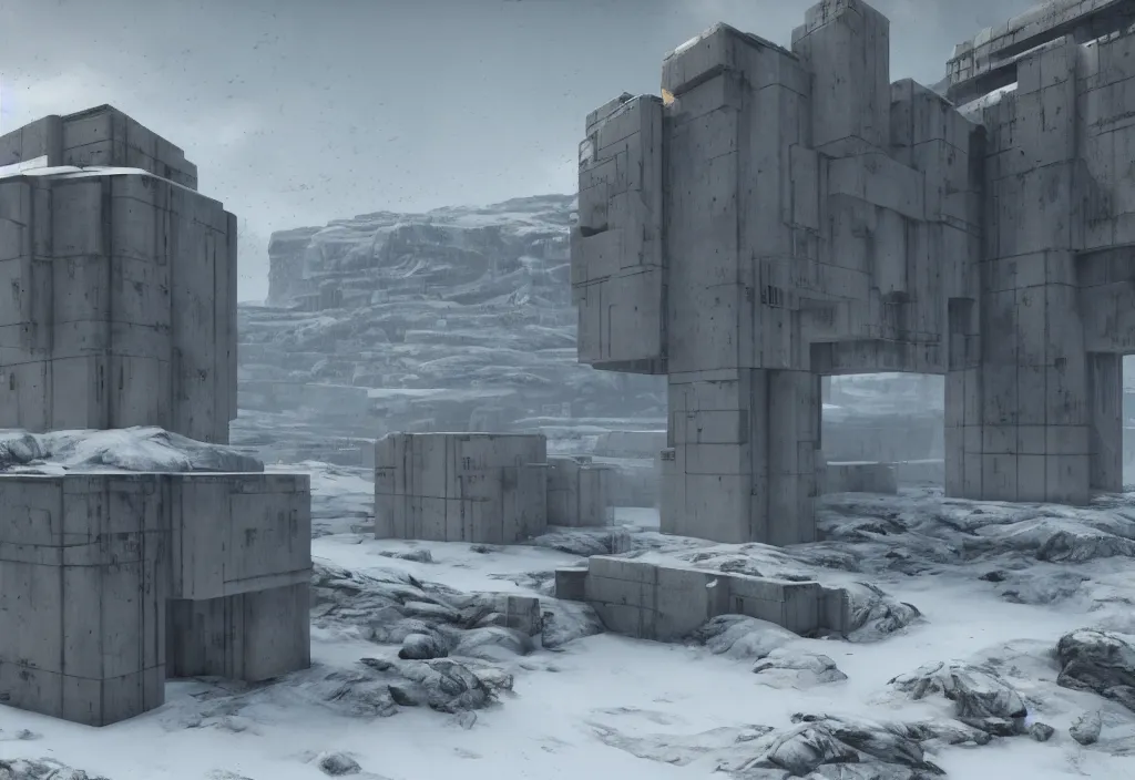 Prompt: Small brutalist modern concrete building on a cold, snowy hill. Concept art, star citizen.