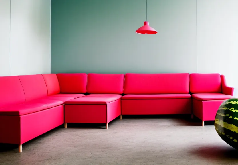 Prompt: a close up photograph of an ikea showroom with a couch that's shaped like a watermelon