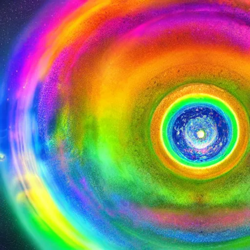 Prompt: the cirular swirled void, with allseing eye in the middle, surrounded by rainbow galaxy,masterpiece 4k, intricate details, realistic, panoramic view, Hyperdetailed, 8k resolution