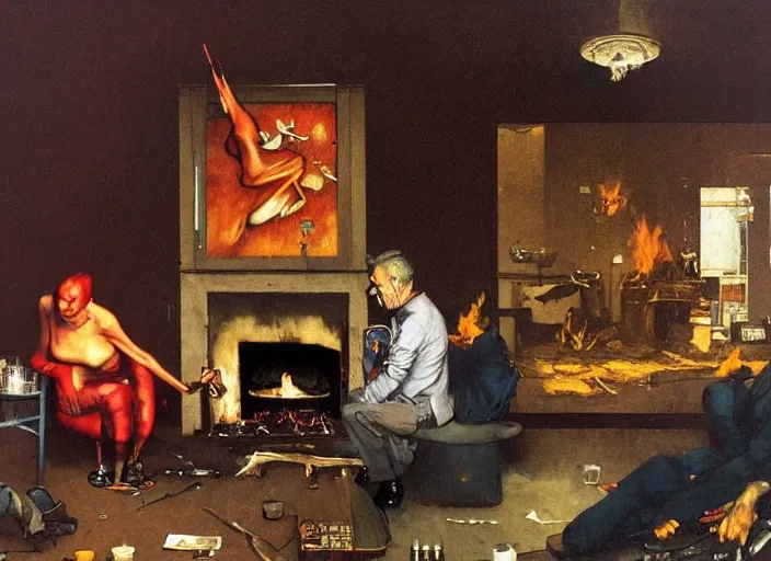 Prompt: a couple sitting by the fire place by francis bacon, surreal, norman rockwell and james jean, greg hildebrandt, and mark brooks, triadic color scheme, by greg rutkowski, in the style of francis bacon and syd mead and edward hopper and norman rockwell and beksinski, dark surrealism, open ceiling