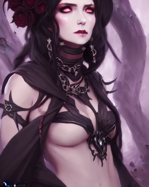 Image similar to dark sorceress in beautiful dress surrounded by black roses horns and skulls, cushart krenz, very detailed, realistic face, detailed face, matte, tonemapping, bbwchan, perfection, 4 k, cushart krenz