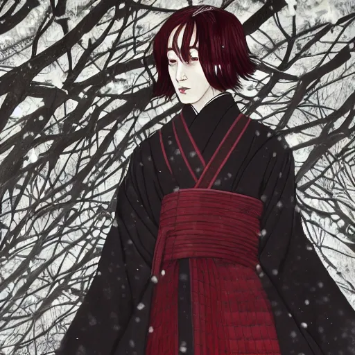 Image similar to detailed portrait of snape samurai with swords, in snow forest sakura cherry blossom, hakama kimono, trending on artstation elite, elegant, luxury, by krenz cushart, junji ito, takato yamamoto, perfect face, fine details, realistic shaded, fine - face, pretty face